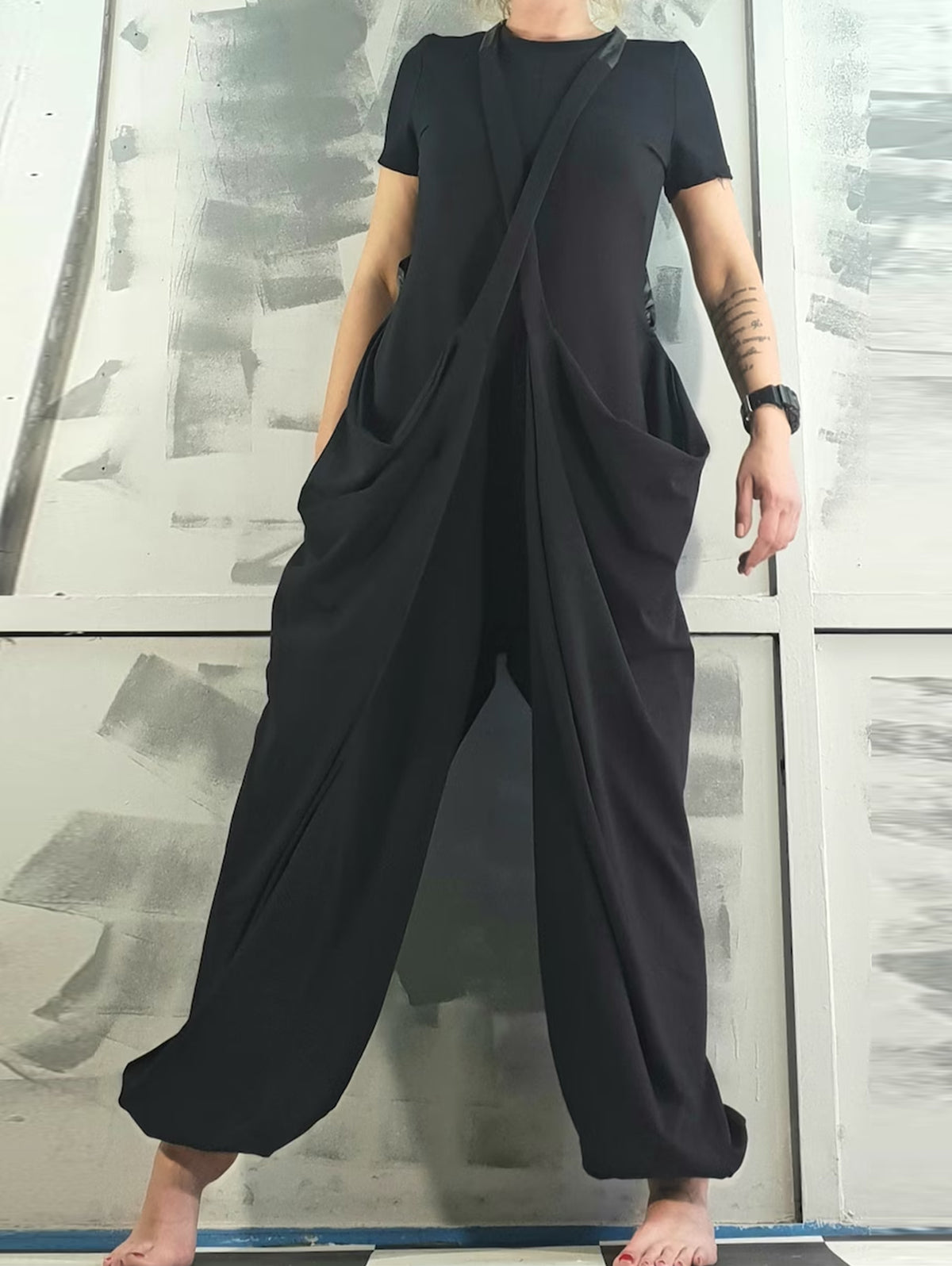 Casual Plain Short Sleeve Loose Strap Asymmetrical Harem Jumpsuit