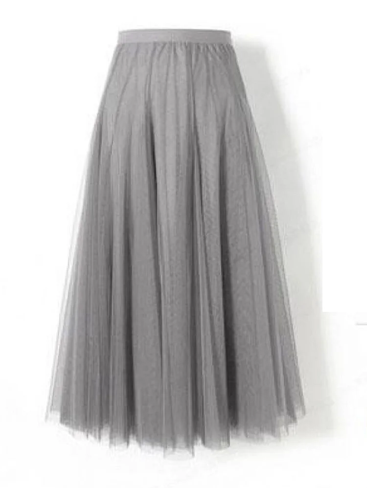 Daily Layered Pleated Stretchy Waist Solid Tulle Midi Skirt