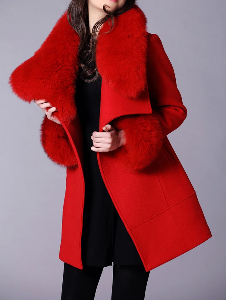 Elegant Fluffy Plush Patchwork Long Sleeve Mid Length Coat